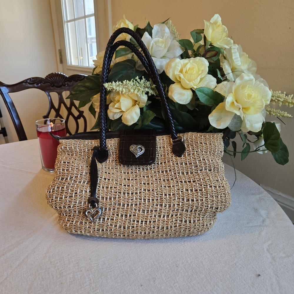 Brighton Natural Woven Shoulder Bag with Black Trim